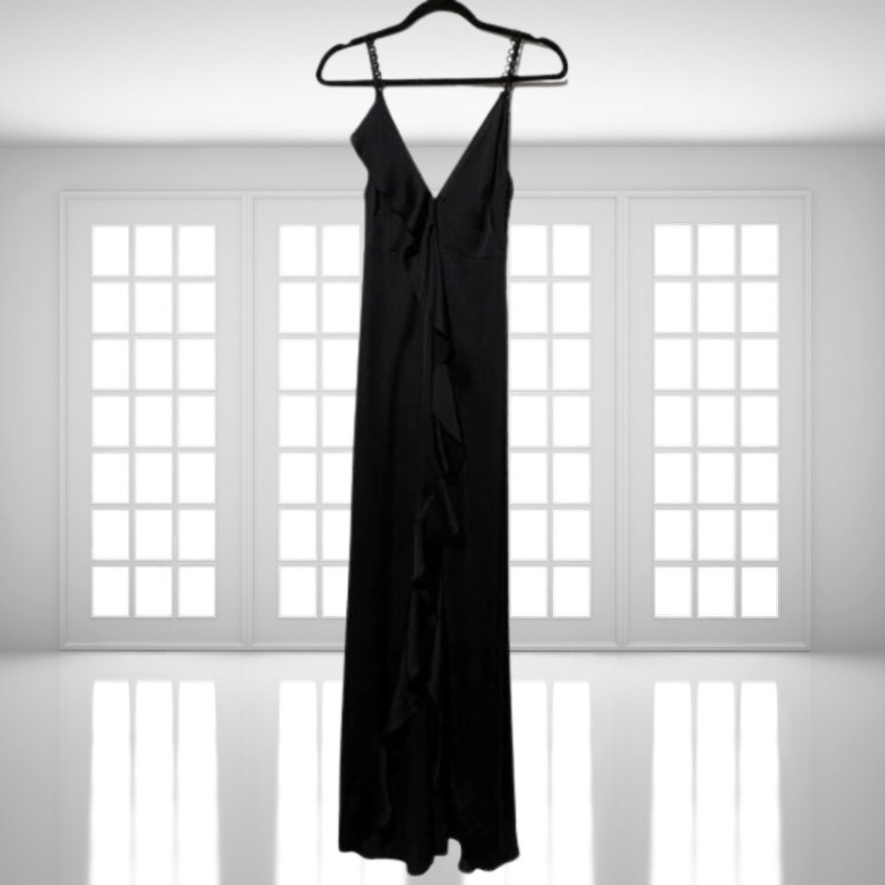 For Love & Lemons Isabella Ruffled Maxi Dress Black Satin Size Small - Picture 6 of 11